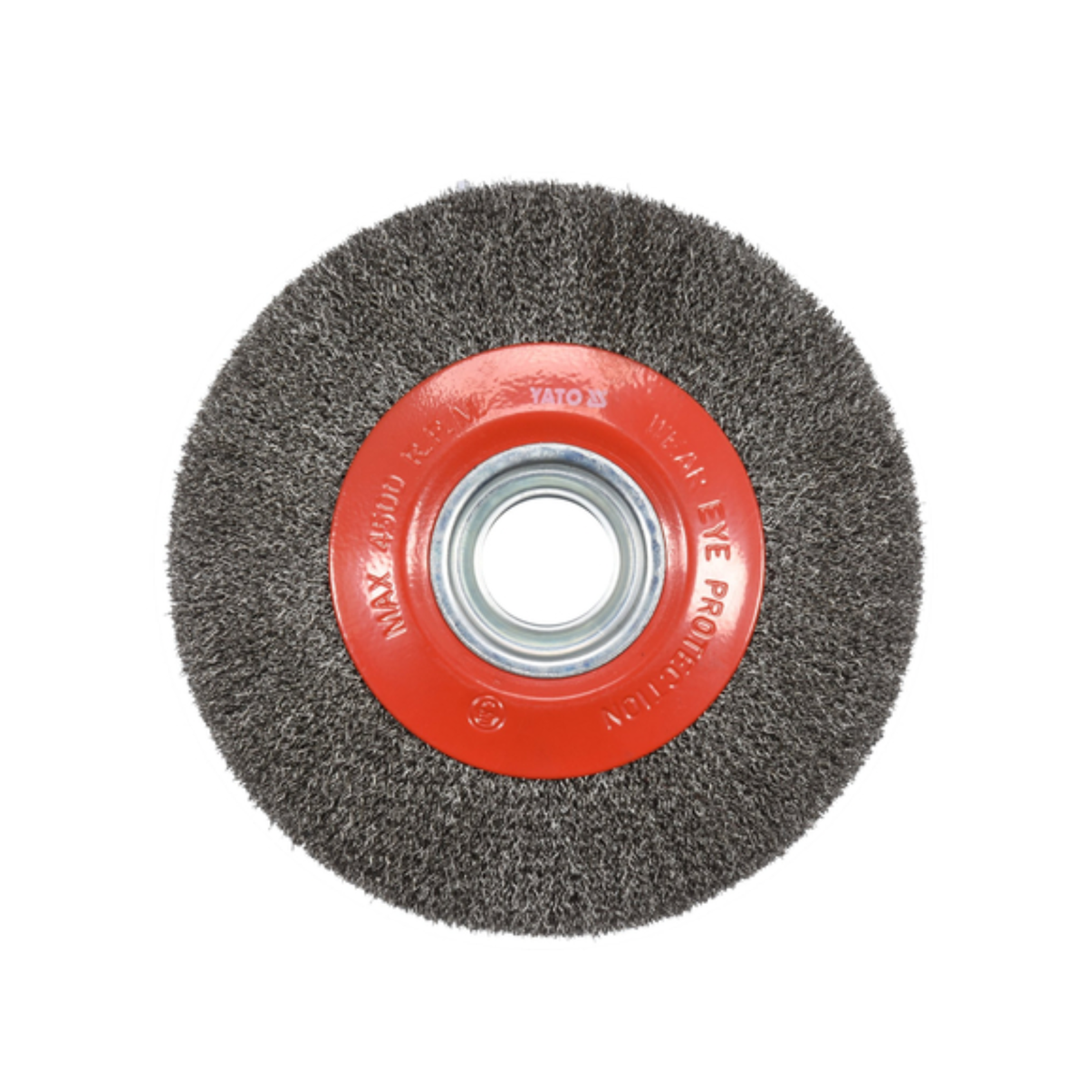 Flap disc with red backing plate on a white background