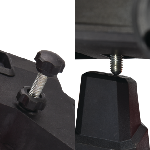 Close-up of a black clamp with a screw and nut on a white background