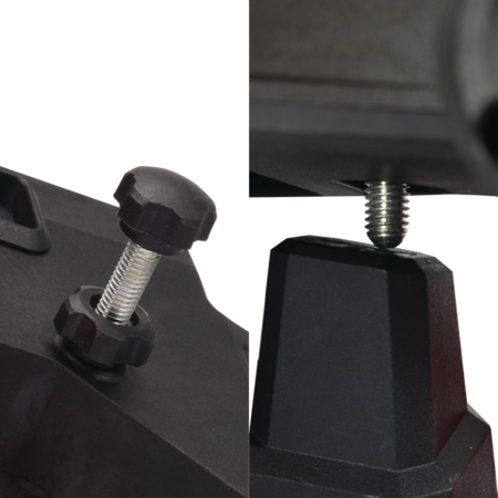 Close-up of a black clamp with a screw and nut on a white background