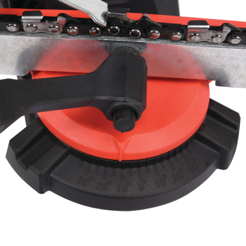 Close-up of a chainsaw blade with red and black design on a white background