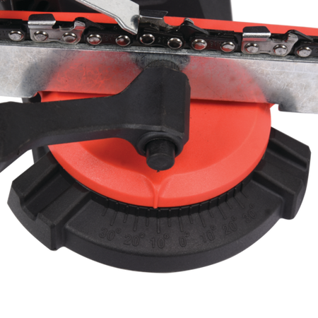 Close-up of a chainsaw blade with red and black design on a white background