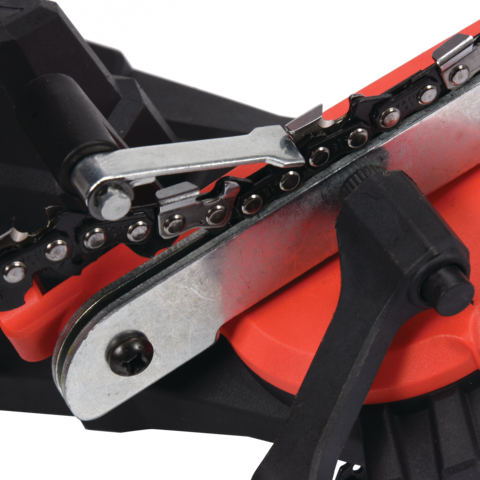 Close-up of a chainsaw chain and blade on a white background