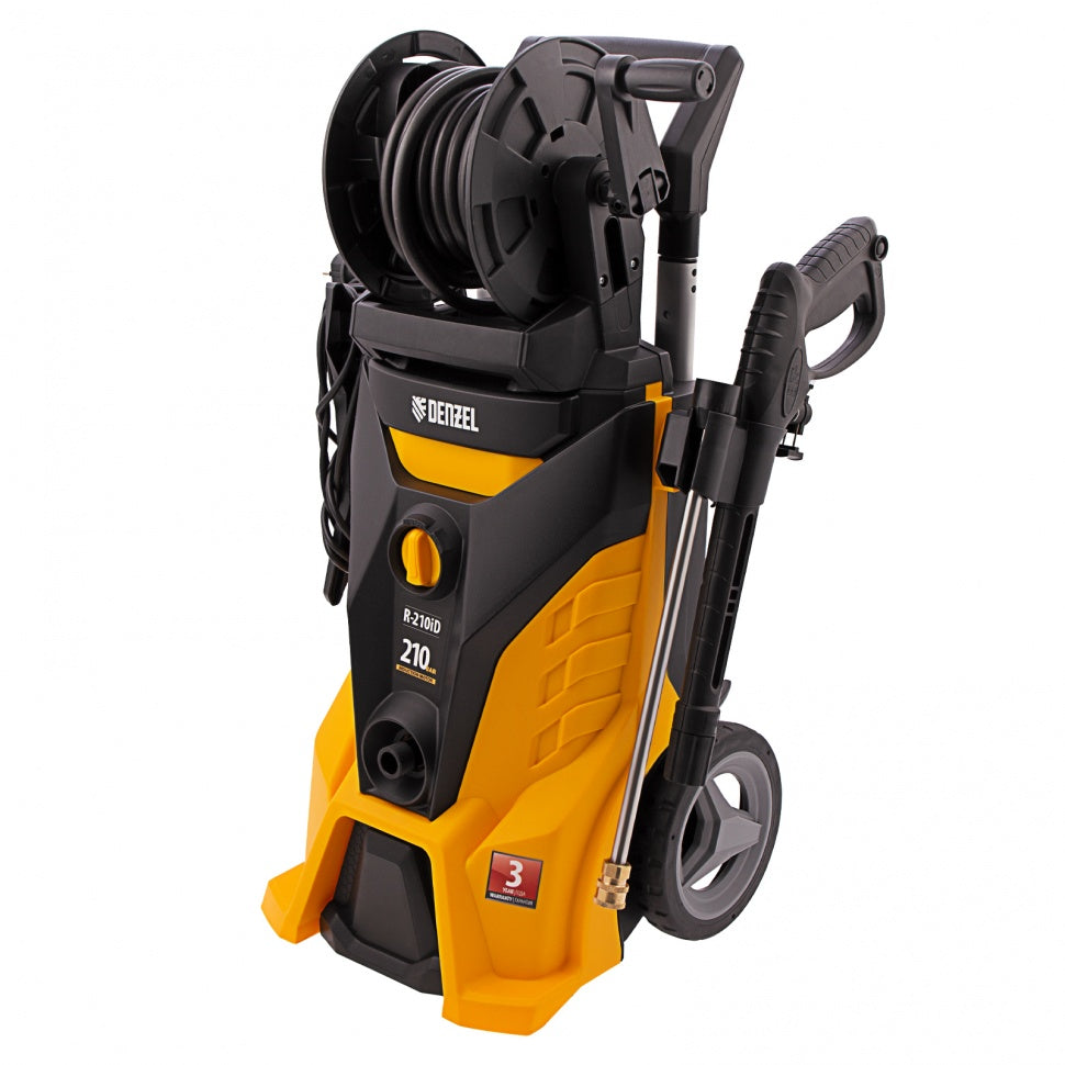 Yellow and black pressure washer with hose reel on a white background